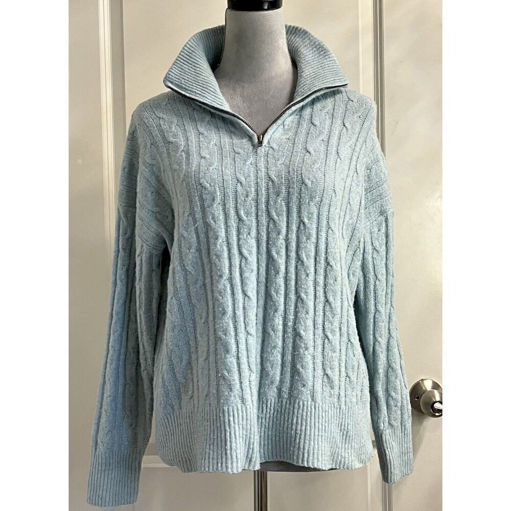 Olive & Oak Women's 1/4 Zip Cable Birch Knit Sweater Jumper Sz M Blue